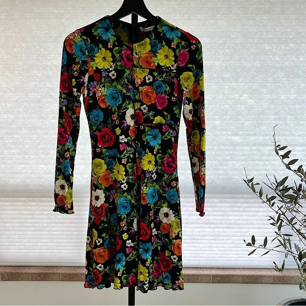 Alice + Olivia Black Floral Long Sleeve Mini Dress with Bright Multicolor Blooms